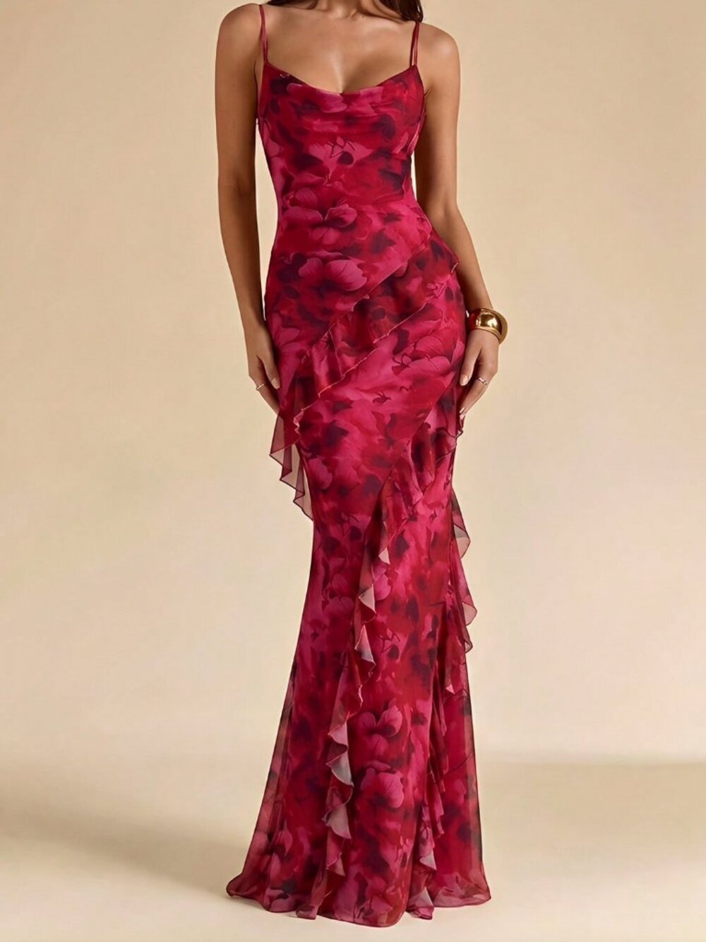 Pink Elegant Women's Fuchsia Floral Print Ruffled Draped Neck Fitted Maxi Dress - Picture 5 of 5